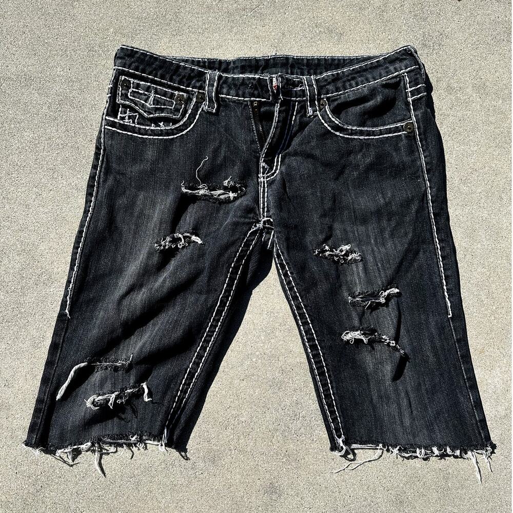 True Religion Billy Super T Jean 32 Denim Cut Off Distressed Shorts